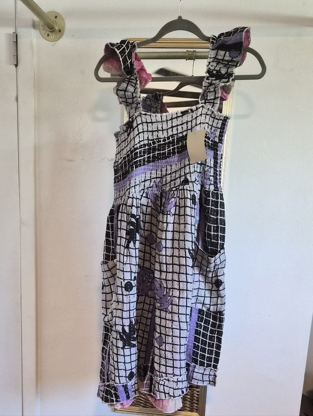 NWT Kantha Grid-Print Ruffled-Strap Jumpsuit with Lavender Accents